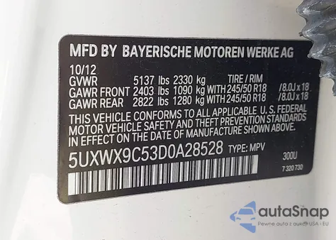 2013 BMW X3 xDrive28I from USA, damaged, VIN 5UXWX9C53D0A28528